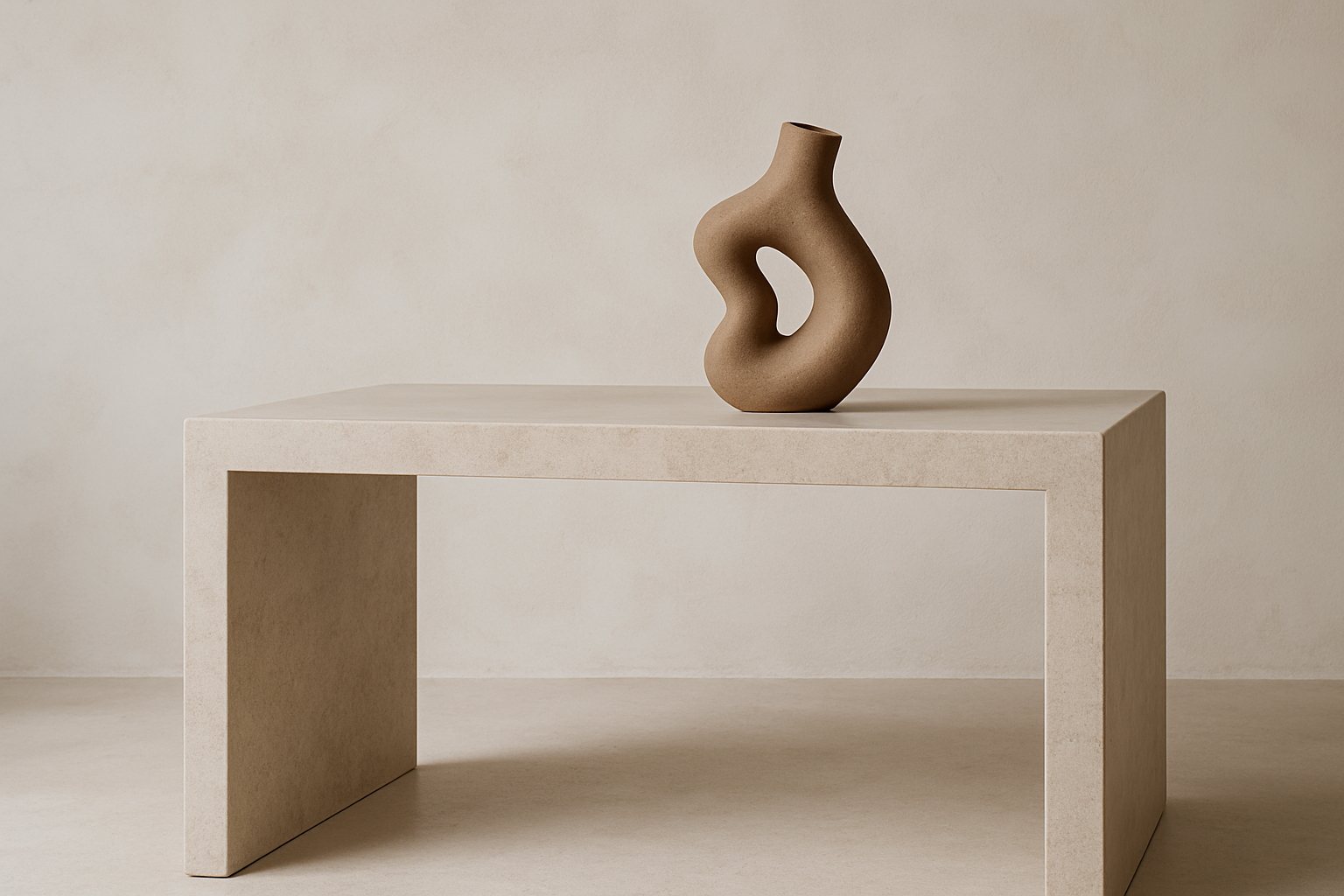 modern stone desk with brown sculptural vase on it